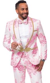  White and Pink Tuxedo - Flower Floral Suit - Paisley Suit