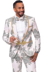 White and Silver Tuxedo - Flower Floral Suit - Paisley Suit