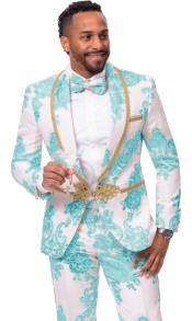  White and Turqoise Tuxedo - Flower Floral Suit - Paisley Suit