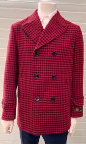  Mens Wool Plaid Peacoat - Plaid Pattern Wool Red Coat