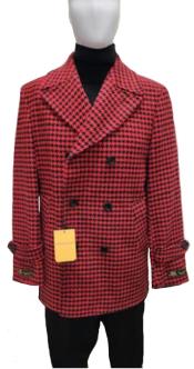  Mens Wool Plaid Peacoat - Plaid Pattern Wool Red Coat