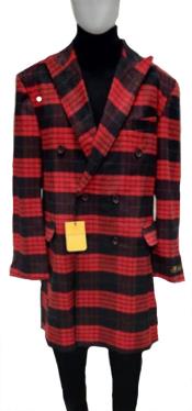  Mens Wool Plaid Peacoat - Plaid Pattern Wool Red ~ Black Coat