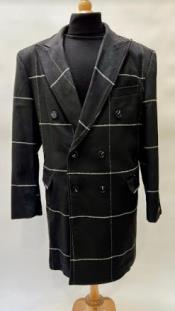  Black Plaid Overcoat - Topcoat With WindowPane Pattern Double Breasted Style