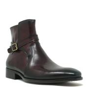  Buckle Leather Strap Boots - Burgundy