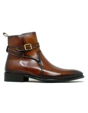  Buckle Leather Strap Boots - Cognac