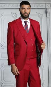  Mens Suits With Double Breasted Vest - Ruby Red Peak Lapel Suits