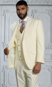  Mens Suits With Double Breasted Vest - Cream Peak Lapel Suits -