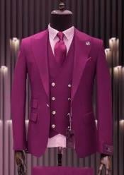  Hot Pink Suit With Gold Buttons - Wool Suit - Ticket Pocket