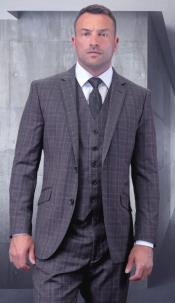  Mens Plaid Suits - Grey Windowpane Three Piece Suits