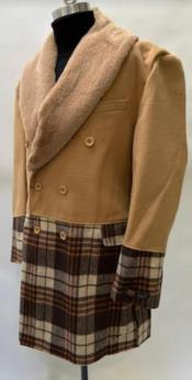  Mens Plaid Overcoat - Houndstooth Checker Pattern Topcoat - Khaki ~ Brown