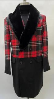  Mens Plaid Overcoat - Houndstooth Checker Pattern Topcoat - Red ~ Black