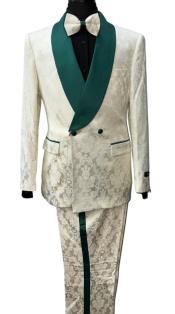  Mens 2 Button Shawl Lapel Suit Ivory ~ Emerald Green