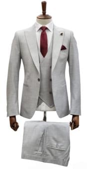  Mens Suits with Double Breasted Vest - Single Button Peak Lapel Silver