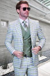  SKU#JA60718 Statement Suits - Plaid Suits - Vested Suits- Peak Lapel Suits