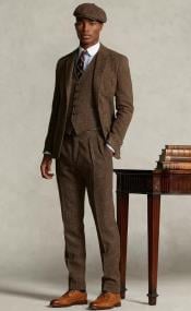  SKU#JA60729 Groomsmen Tweed Suit - Brown Herringbone Western Suit