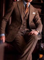  SKU#JA60731 Groomsmen Tweed Suit - Brown Herringbone Western Suit