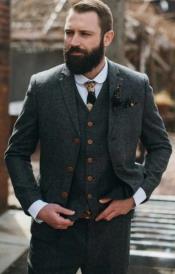  Groomsmen Tweed Suit - Dark Grey Herringbone Western Suit