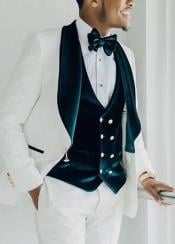  Wedding Tuxedo - Groom Suit - White and Dark Green Prom Suit