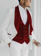  Wedding Tuxedo - Groom Suit - White and Burgundy Prom Suit