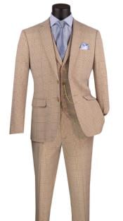  Glen Plaid Suit - Mens 3 Piece Slim Fit Suit - Beige