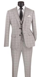  Glen Plaid Suit - Mens 3 Piece Slim Fit Suit - Grey