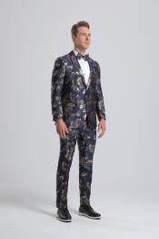  Paisley Suits - Wedding Tuxedo - Groom Gold ~ Navy Blue Suit + Matching Bowtie
