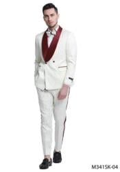  SKU#JA61437 White and Burgundy Tuxedo Suit - Prom Suit - Prom Wedding