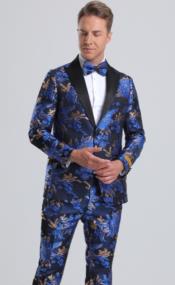  Royal Blue and Gold Tuxedo Suit With Bowtie - Wedding Suit