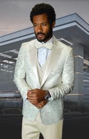  SKU#JA61572 Cream Suit - Ivory Tuxedo - Off White Paisley Suit -