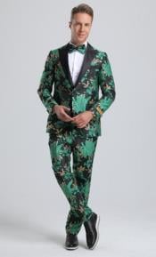  SKU#JA61582 Emerald Green and Gold Tuxedo Suit