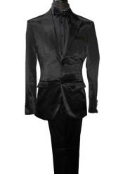  Mens Shiny Blazer - Black Sateen Vested Suit
