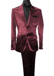  Mens Shiny Blazer - Burgundy Sateen Vested Suit
