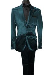  Mens Shiny Blazer - Teal Blue Sateen Vested Suit