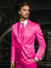  Mens Shiny Blazer - Hot Pink Sateen Vested Suit