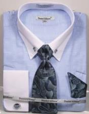  Blue Pin Collar Dress Shirt With Collar Bar
