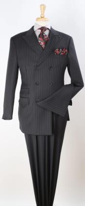  Mens 3pc Double Breasted Suit - Charcoal Stripe
