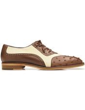  Belvedere Sesto Genuine Ostrich Quill - Italian Leather Shoes Brown - Cream