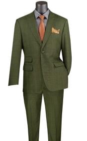  Plaid Suits - Windowpane Olive Suit - Peak Lapel Style