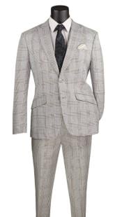  Plaid Suits - Windowpane Gray Suit - Peak Lapel Style