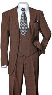  Mens Brown Plaid 3 Piece 1920s Fashion Suit Scoop Vest