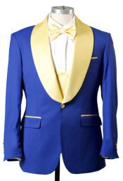  1 Button Shawl Lapel Tuxedo with Vest Royal and Gold