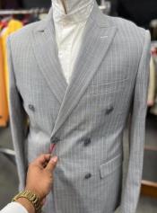  Double Breasted Suit - Stripe - Pinstripe Suit - Light Blue Grey Stripe
