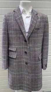  Mens Plaid Overcoat - Checkered Carcoat - 100% Wool Three Quarter Peacoat