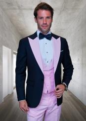  Mens Wool Vested Wide Contrast Peak Wedding Tuxedo in Black - Pink