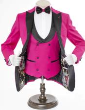  Mens 2 Button Peak Lapel Prom Tuxedo with Double Breasted Vest in Rose Pink