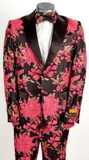  Mens 2 Button Hot Pink Fuchsia and Black Floral Paisley Tuxedo