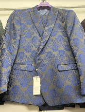 Mens Prom Tuxedo Paisley Suit - Wedding Floral Suit- Blue Wedding Jacket + Vest + Pants