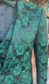 Mens Prom Tuxedo Paisley Suit - Wedding Floral Suit- Hunter - Emerald Green Wedding Jacket + Vest + Pants