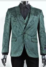  Velvet Paisley Blazer - Comes With Free Vest and Pants - Slim Fit - Hunter Green