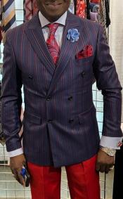  Navy Blue and Red Pinstripe Double Breasted Suit - Double Breasted Blazer
